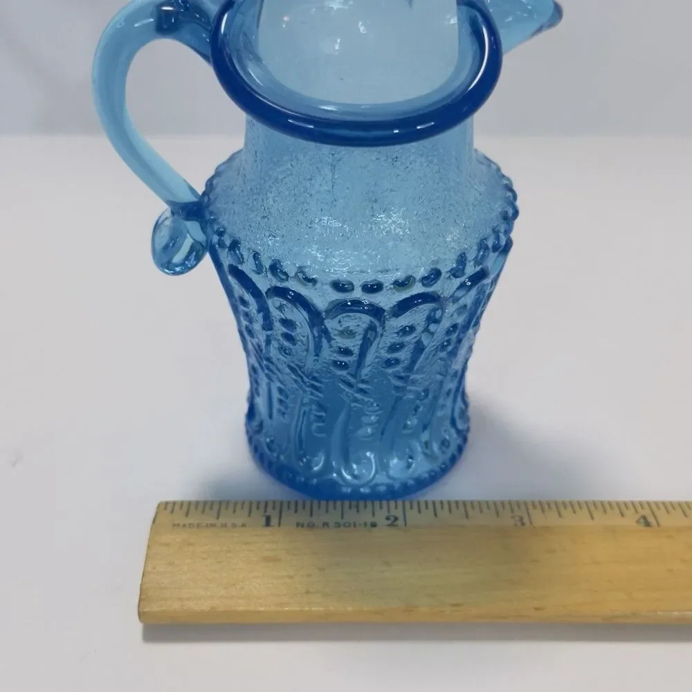 Pitcher Jug Kanawha Ice Colonial Blue Glass Mini UV Raised Loop Swirl Dots Wavy